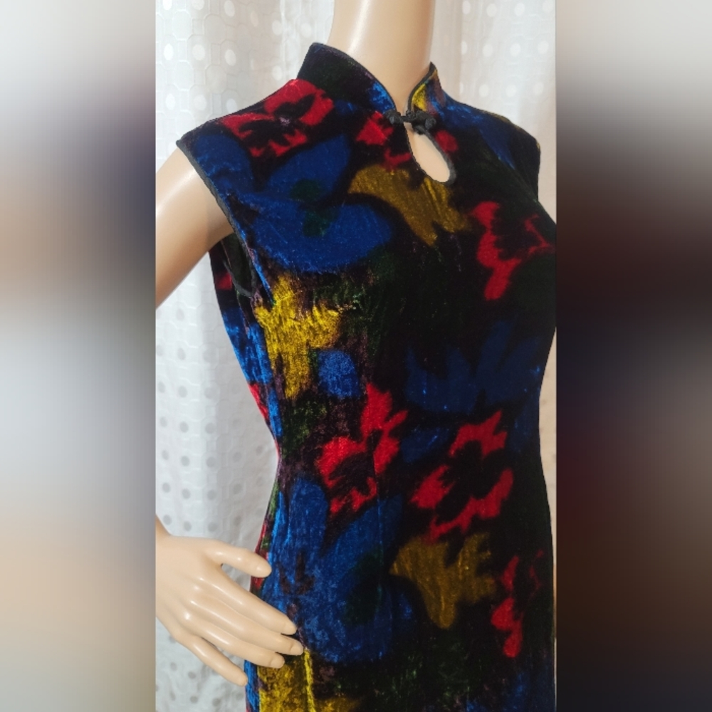 Crushed Velvet Vintage Floral Dress Mandarin Collar